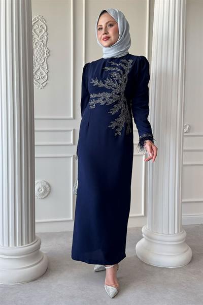 Taş Yaka Tüylü Kol Lacivert Abiye