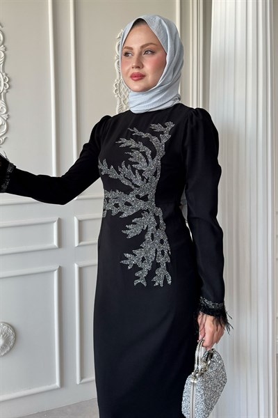 Tüy Detaylı Taşlı Siyah Abiye