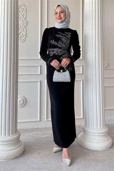 Taş Yaka Tüylü Kol Siyah Abiye