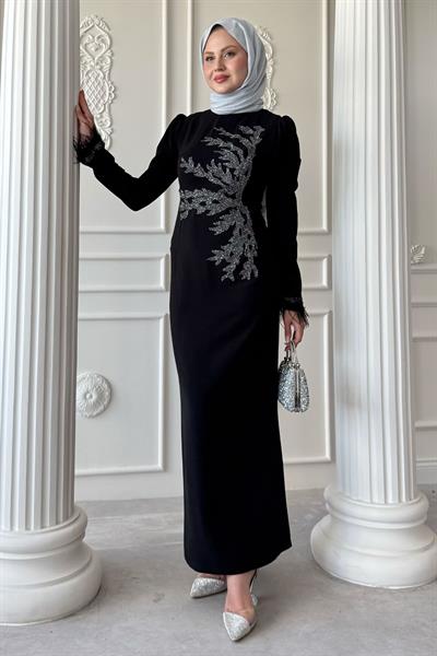 Taş Yaka Tüylü Kol Siyah Abiye