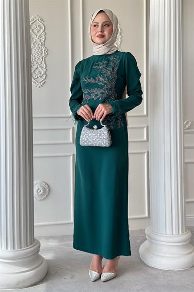 Taş Yaka Tüylü Kol Zümrüt Yeşili Abiye