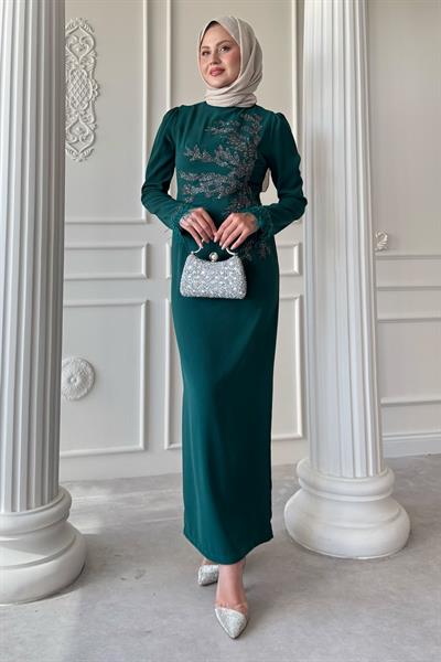 Taş Yaka Tüylü Kol Zümrüt Yeşili Abiye