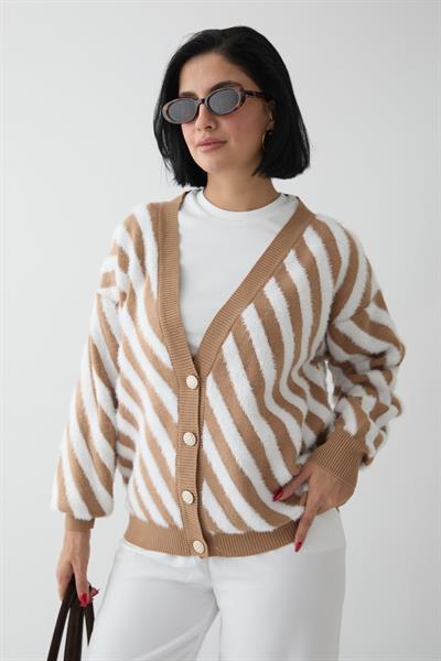 Tüy Şeritli Kısa Camel Triko Hırka