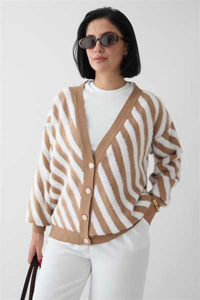 Tüy Şeritli Kısa Camel Triko Hırka