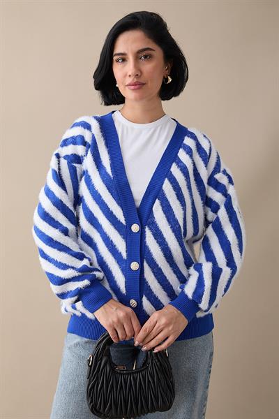 Tüy Şeritli Kısa Mavi Triko Hırka