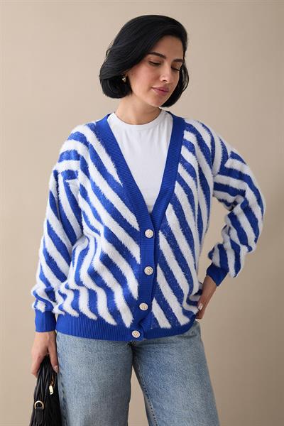 Tüy Şeritli Kısa Mavi Triko Hırka