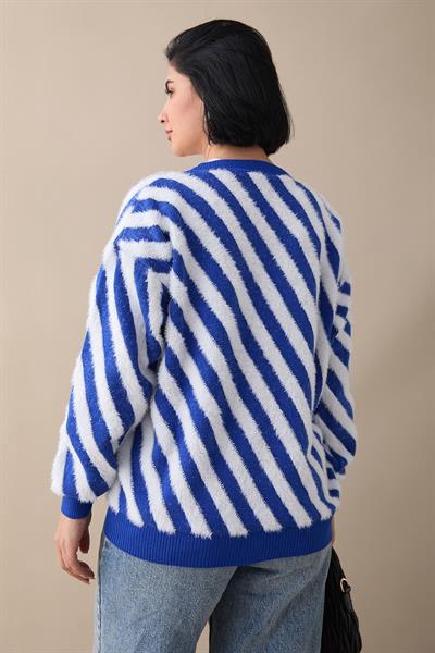 Tüy Şeritli Kısa Mavi Triko Hırka