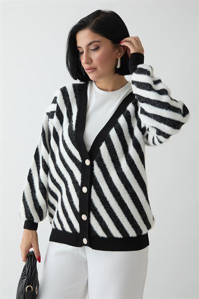 Tüy Şeritli Kısa Siyah Triko Hırka