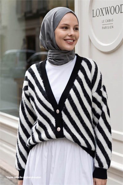 Feather Striped Short Black Knit Cardigan