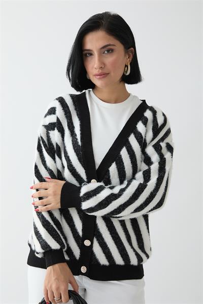 Tüy Şeritli Kısa Siyah Triko Hırka