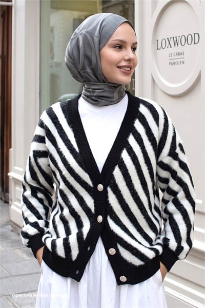 Feather Striped Short Black Knit Cardigan