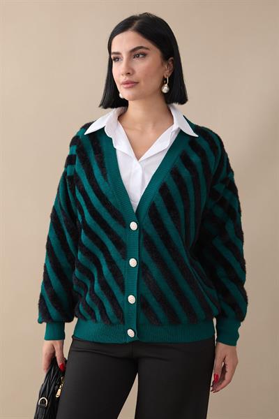 Tüy Şeritli Kısa Zümrüt Yeşili Triko Hırka