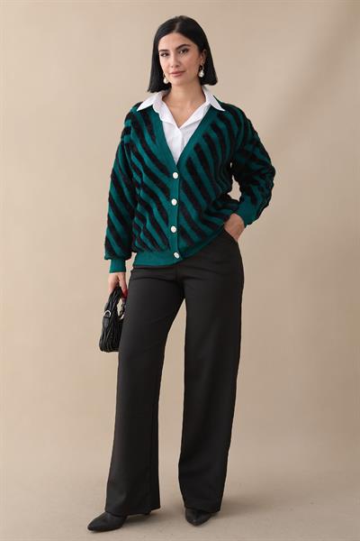 Tüy Şeritli Kısa Zümrüt Yeşili Triko Hırka