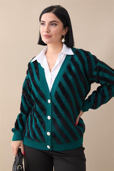 Tüy Şeritli Kısa Zümrüt Yeşili Triko Hırka