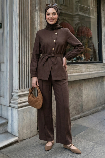 Üç Düğmeli Kuşaklı Acı Kahve Modal Takım