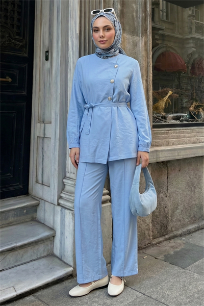 Üç Düğmeli Kuşaklı Bebe Mavisi Modal Takım