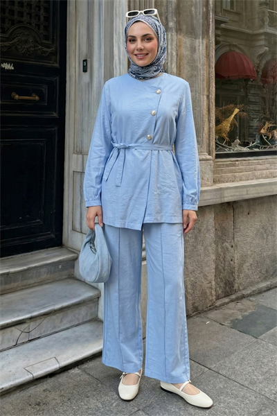 Üç Düğmeli Kuşaklı Bebe Mavisi Modal Takım