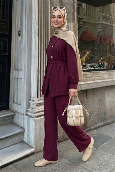 Üç Düğmeli Kuşaklı Bordo Modal Takım
