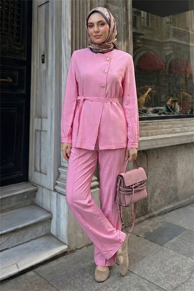 Üç Düğmeli Kuşaklı Pembe Modal Takım