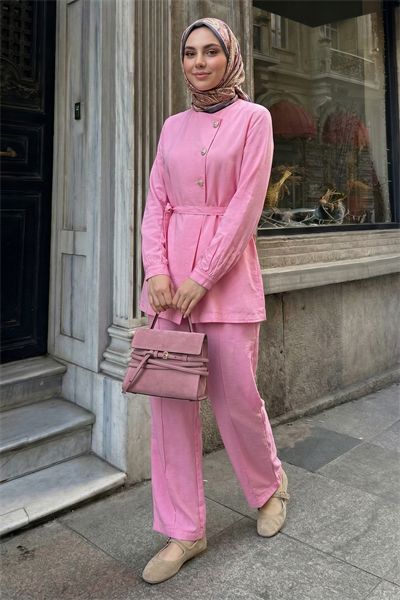 Üç Düğmeli Kuşaklı Pembe Modal Takım