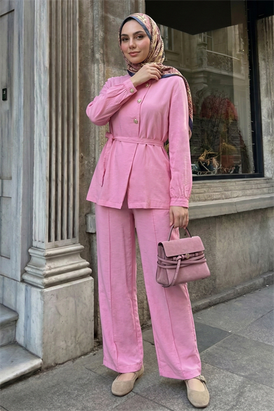 Üç Düğmeli Kuşaklı Pembe Modal Takım