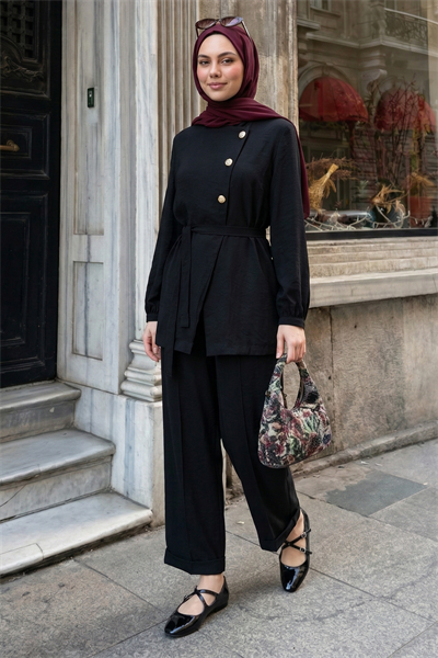 Üç Düğmeli Kuşaklı Siyah Modal Takım