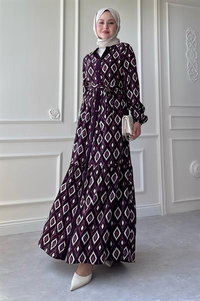 Üçgen Desen Ebruli Viskon Mor Elbise