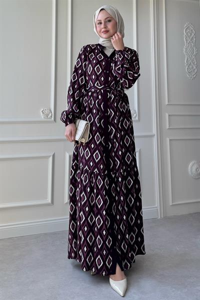 Üçgen Desen Ebruli Viskon Mor Elbise