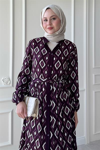 Üçgen Desen Ebruli Viskon Mor Elbise