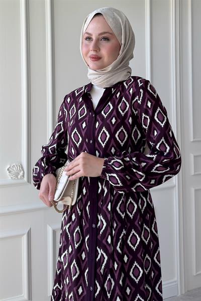 Üçgen Desen Ebruli Viskon Mor Elbise