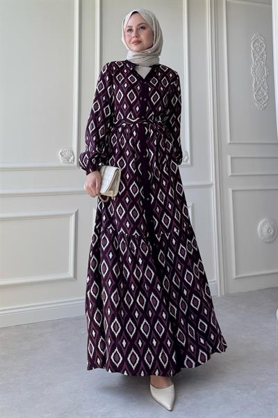 Üçgen Desen Ebruli Viskon Mor Elbise