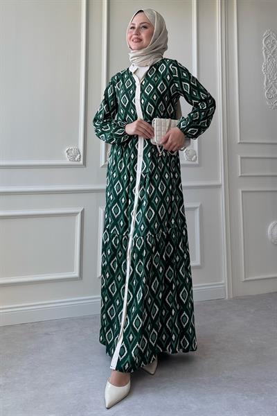 Üçgen Desen Ebruli Viskon Yeşil Elbise