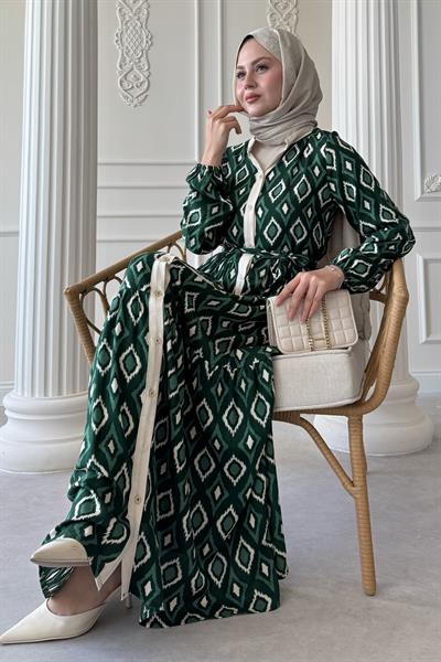 Üçgen Desen Ebruli Viskon Yeşil Elbise