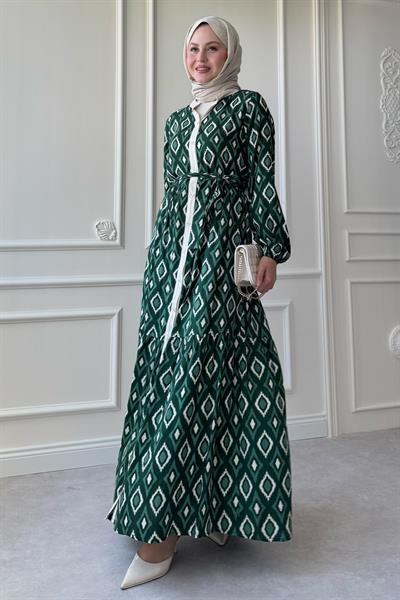 Üçgen Desen Ebruli Viskon Yeşil Elbise