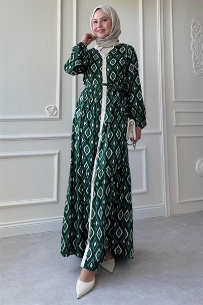 Üçgen Desen Ebruli Viskon Yeşil Elbise