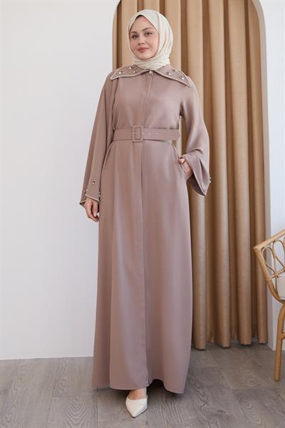 Üçgen Yaka Taşlı Bej Abaya