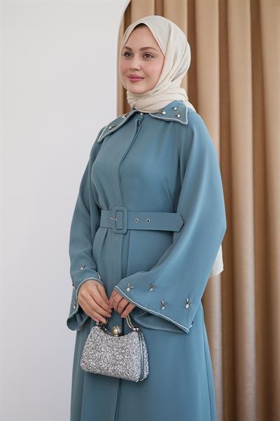 Üçgen Yaka Taşlı Mint Yeşili Abaya