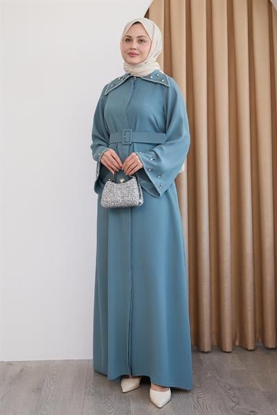 Üçgen Yaka Taşlı Mint Yeşili Abaya