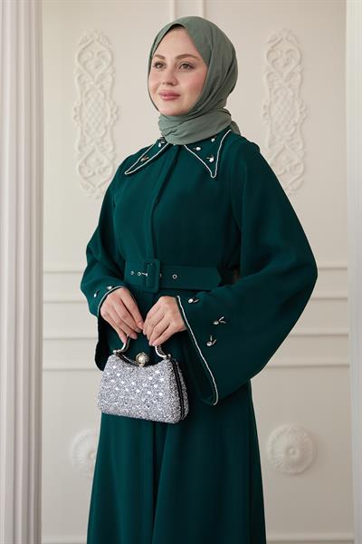 Üçgen Yaka Taşlı Petrol Yeşili Abaya
