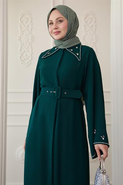 Üçgen Yaka Taşlı Petrol Yeşili Abaya