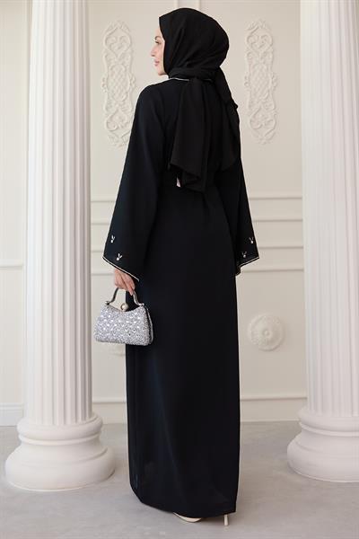 Üçgen Yaka Taşlı Siyah Abaya