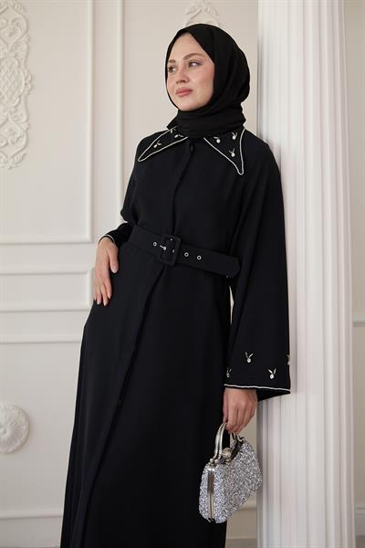 Üçgen Yaka Taşlı Siyah Abaya