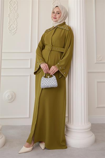 Üçgen Yaka Taşlı Yağ Yeşili Abaya
