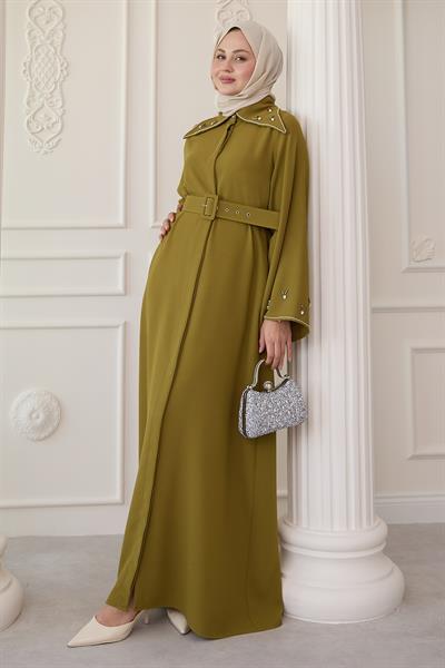 Üçgen Yaka Taşlı Yağ Yeşili Abaya