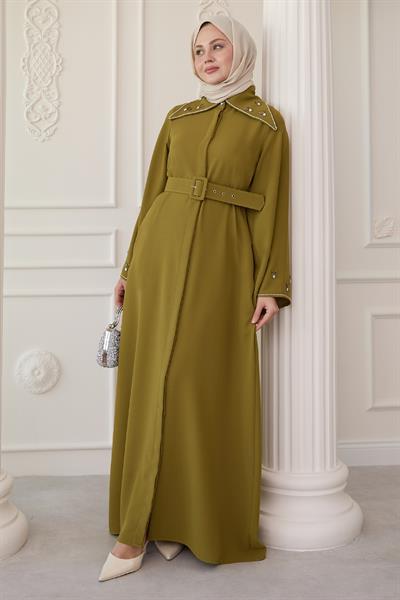 Üçgen Yaka Taşlı Yağ Yeşili Abaya