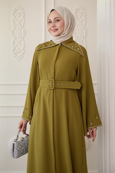 Üçgen Yaka Taşlı Yağ Yeşili Abaya