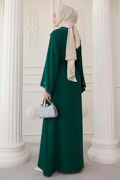 Üçgen Yaka Taşlı Zümrüt Yeşili Abaya