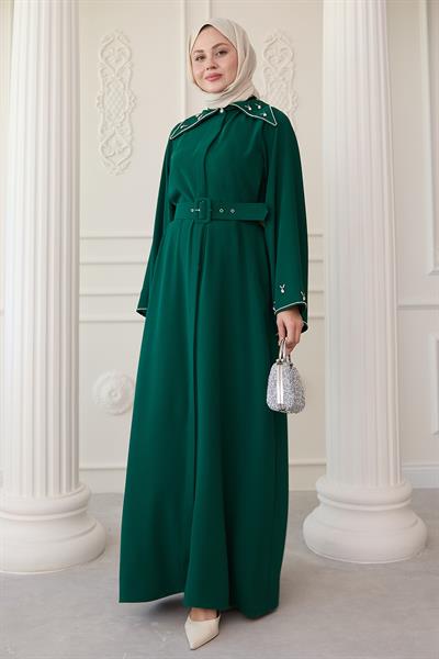 Üçgen Yaka Taşlı Zümrüt Yeşili Abaya