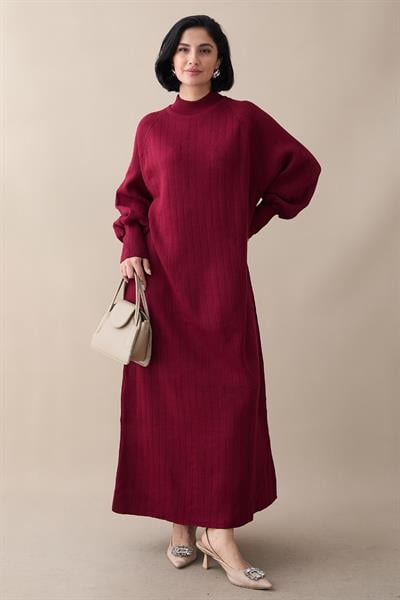 Uzun Balon Kol Bordo Triko Elbise