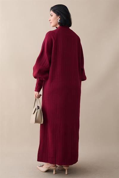 Uzun Balon Kol Bordo Triko Elbise